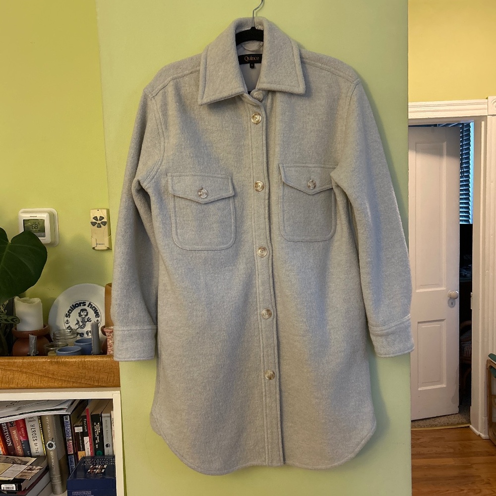Quince 100% Merino Wool Long Shirt Jacket, small, light grey